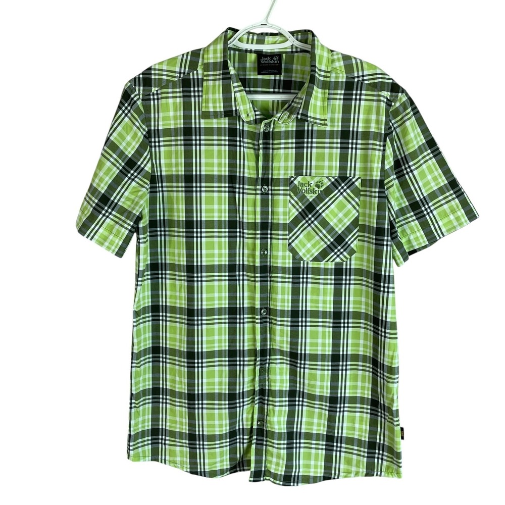 Jack Wolfskin‎ Mens QMC Outdoor Hiking Shirt Medium Green Plaid S/S Polyamide